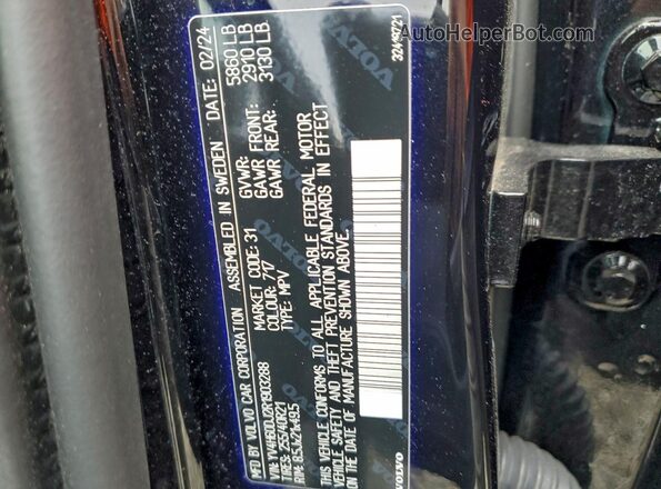 YV4H60DJ2R1903288 2024 VOLVO XC60 Black VIN კოდის სტიკერის ხედი