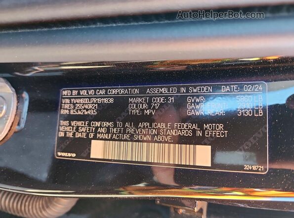 YV4H60DJ7R1911838 2024 VOLVO XC60 Black Widok naklejki z numerem VIN