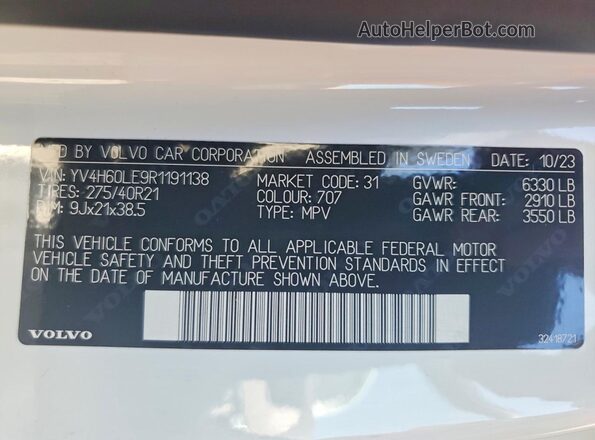 YV4H60LE9R1191138 2024 VOLVO XC90 White Widok naklejki z numerem VIN