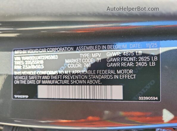 YV4K92UJ4T2745983 2026 VOLVO XC40 Gray Vista de la etiqueta del VIN