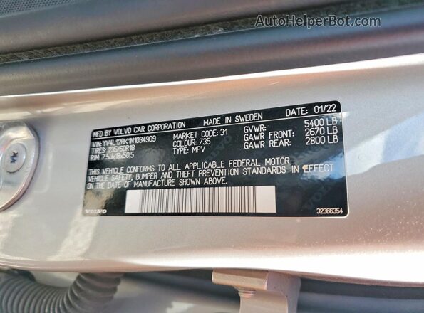 YV4L12RK1N1034909 2022 VOLVO XC60 Gray Widok wnętrza 360 stopni