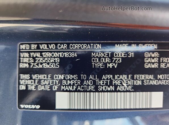YV4L12RKXN1018384 2022 VOLVO XC60 Blue Widok naklejki z numerem VIN