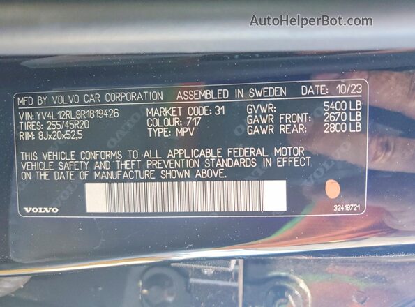 YV4L12RL8R1819426 2024 VOLVO XC60 Black Widok naklejki z numerem VIN