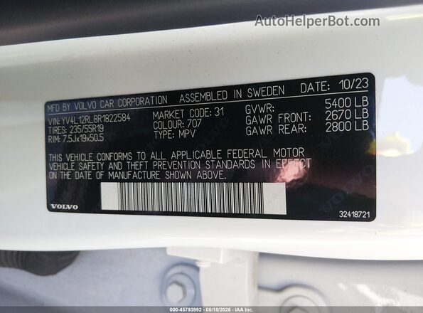 YV4L12RL8R1822584 2024 VOLVO XC60 White Вид підкапотного простору