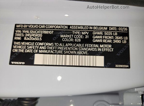 YV4L12UCXT2788107 2026 VOLVO XC40 Gray Widok naklejki z numerem VIN