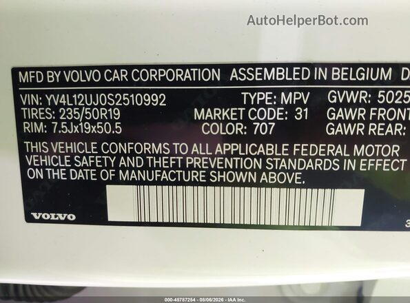 YV4L12UJ0S2510992 2025 VOLVO XC40 Белый Вид подкапотного пространства