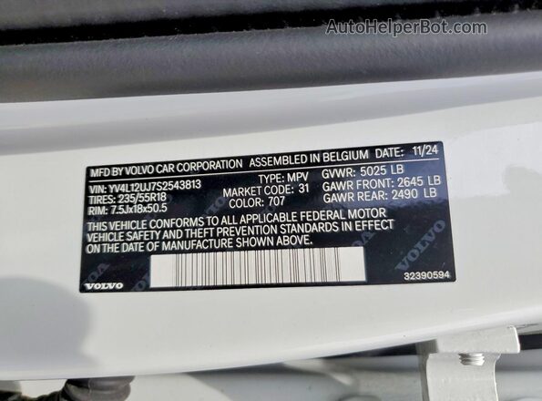 YV4L12UJ7S2543813 2025 VOLVO XC40 White VIN կոդի պիտակի տեսք