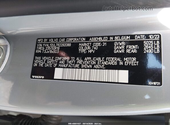 YV4L12UL7R2292089 2024 VOLVO XC40 Gray Widok komory silnika