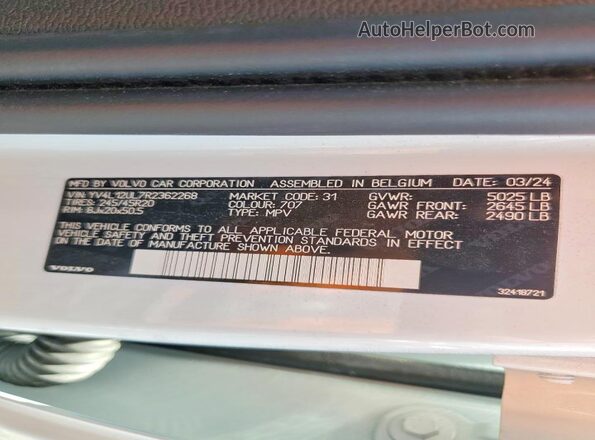 YV4L12UL7R2362268 2024 VOLVO XC40 White Widok naklejki z numerem VIN