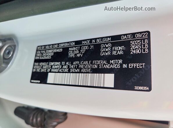 YV4L12UN6P2954629 2023 VOLVO XC40 White VIN კოდის სტიკერის ხედი