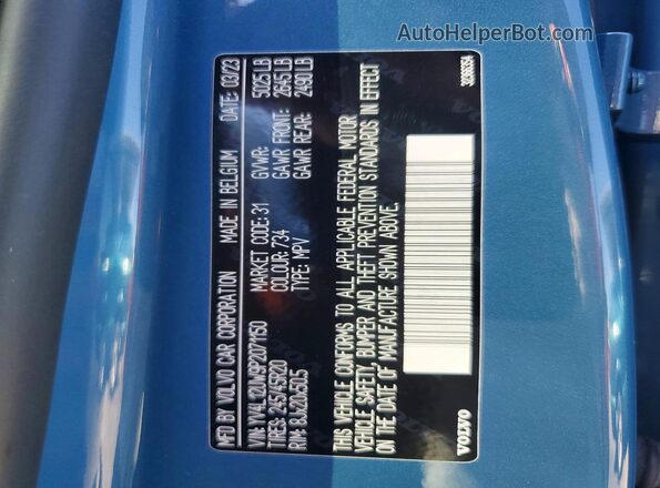 YV4L12UW9P2071150 2023 VOLVO XC40 Blue Вид наклейки з VIN-кодом
