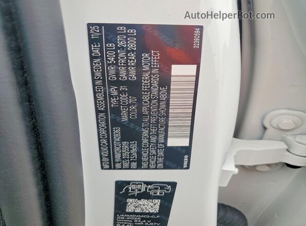 YV4M12RC0T1428363 2026 VOLVO XC60 White VIN կոդի պիտակի տեսք