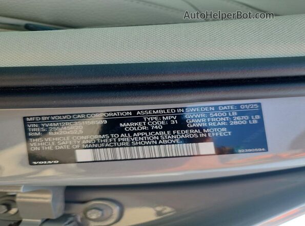 YV4M12RC3S1158589 2025 VOLVO XC60 Gray Vista de la etiqueta del VIN