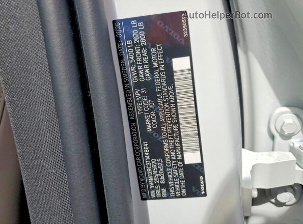YV4M12RC3T1448641 2026 VOLVO XC60 White Vista de la etiqueta del VIN