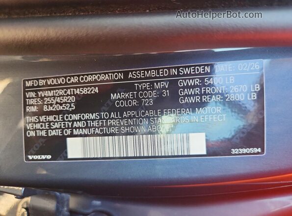 YV4M12RC4T1458224 2026 VOLVO XC60 Blue VIN կոդի պիտակի տեսք