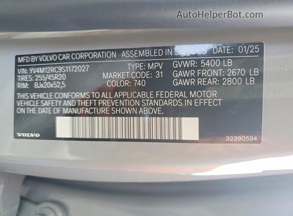 YV4M12RC9S1172027 2025 VOLVO XC60 Gray VIN կոդի պիտակի տեսք