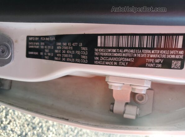 ZACCJAAW2GPD84452 2016 JEEP RENEGADE White VIN կոդի պիտակի տեսք