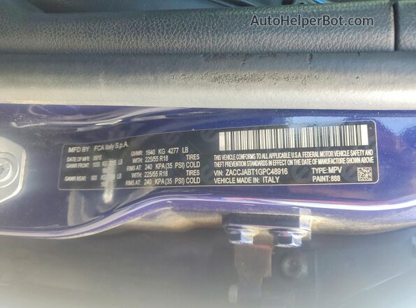 ZACCJABT1GPC48916 2016 JEEP RENEGADE Синий Вид наклейки с VIN-кодом