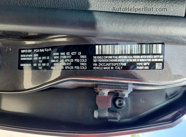 ZACCJABT5GPE37648 2016 JEEP RENEGADE Black Vista de la etiqueta del VIN