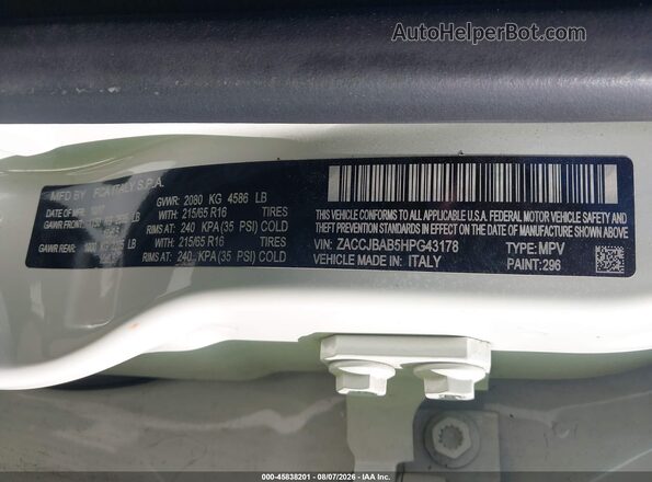 ZACCJBAB5HPG43178 2017 JEEP RENEGADE White ძრავის განყოფილების ხედი