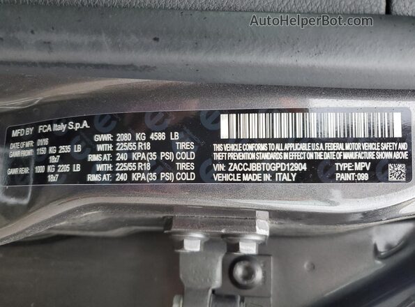 ZACCJBBT0GPD12904 2016 JEEP RENEGADE Gray Вид наклейки з VIN-кодом