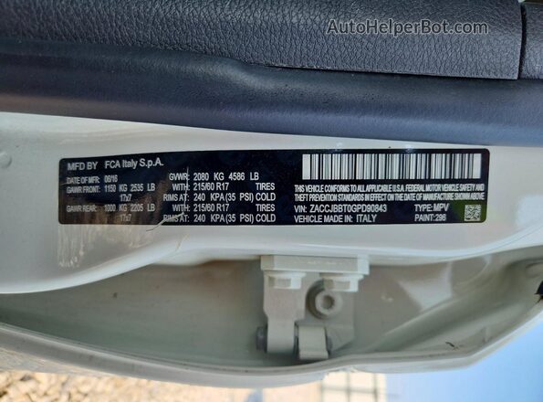 ZACCJBBT0GPD90843 2016 JEEP RENEGADE White VIN կոդի պիտակի տեսք