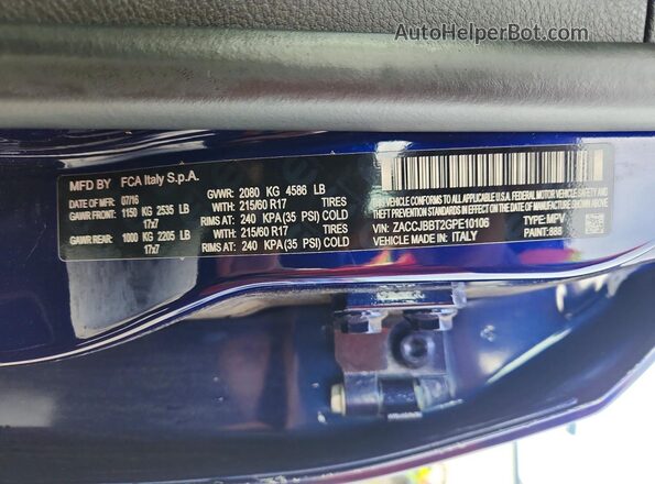 ZACCJBBT2GPE10106 2016 JEEP RENEGADE Blue Vista del compartimento del motor