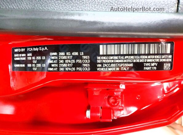 ZACCJBBT7GPD56446 2016 JEEP RENEGADE Red Панорамний вид салону 360°