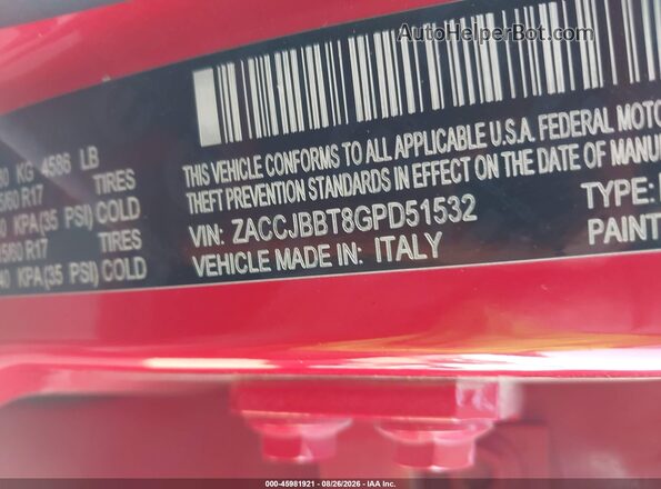ZACCJBBT8GPD51532 2016 JEEP RENEGADE Red Вид підкапотного простору