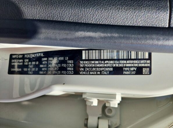 ZACCJBCB2HPE99568 2017 JEEP RENEGADE White VIN კოდის სტიკერის ხედი