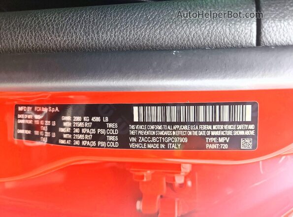 ZACCJBCT1GPC97909 2016 JEEP RENEGADE Оранжевый Вид наклейки с VIN-кодом