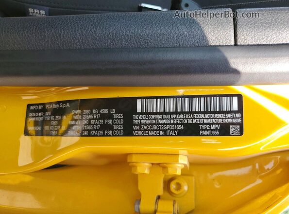 ZACCJBCT2GPD51654 2016 JEEP RENEGADE Yellow VIN կոդի պիտակի տեսք