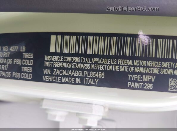 ZACNJAAB6LPL85486 2020 JEEP RENEGADE White ძრავის განყოფილების ხედი