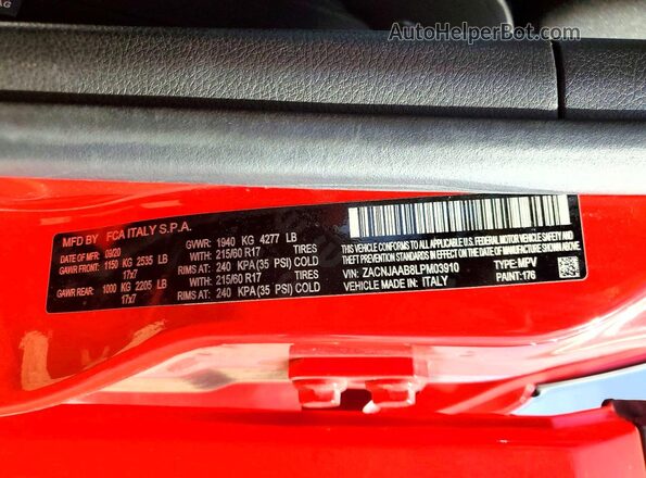 ZACNJAAB8LPM03910 2020 JEEP RENEGADE Red VIN კოდის სტიკერის ხედი