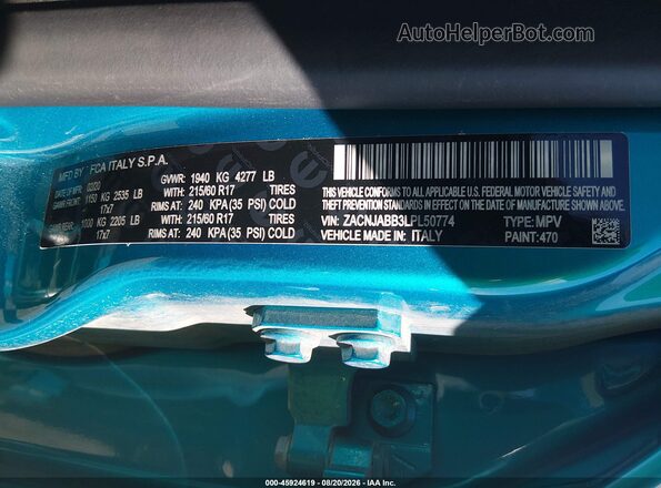 ZACNJABB3LPL50774 2020 JEEP RENEGADE Turquoise Շարժիչի բաժամունքի տեսք