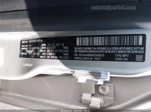 ZACNJABB4KPK48916 2019 JEEP RENEGADE Silver Vista del compartimento del motor