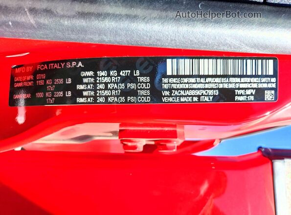 ZACNJABB5KPK79513 2019 JEEP RENEGADE Red Vista de la etiqueta del VIN