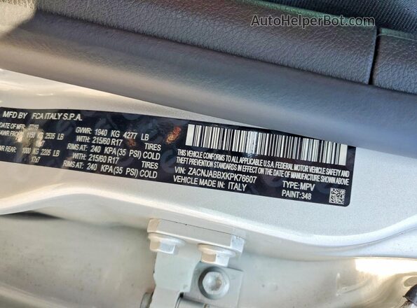 ZACNJABBXKPK76607 2019 JEEP RENEGADE Silver Vista de la etiqueta del VIN