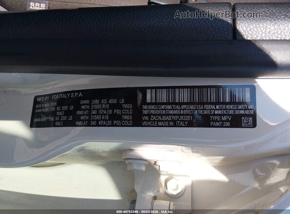 ZACNJBAB7KPJ83261 2019 JEEP RENEGADE White Vista del compartimento del motor