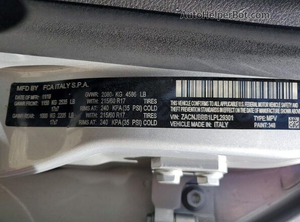 ZACNJBBB1LPL29301 2020 JEEP RENEGADE Silver Vista de la etiqueta del VIN