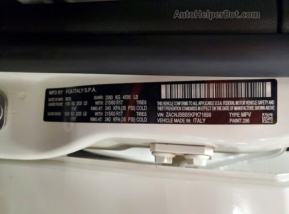 ZACNJBBB5KPK71899 2019 JEEP RENEGADE White Widok naklejki z numerem VIN