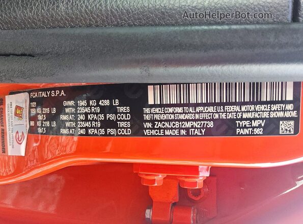 ZACNJCB12MPN27738 2021 JEEP RENEGADE Orange Widok naklejki z numerem VIN