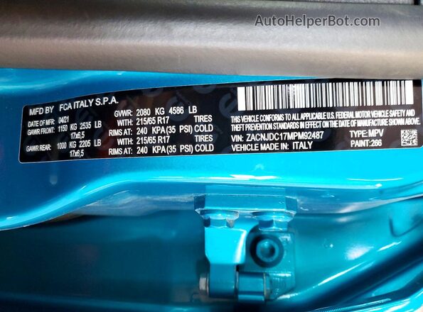 ZACNJDC17MPM92487 2021 JEEP RENEGADE Turquoise VIN კოდის სტიკერის ხედი