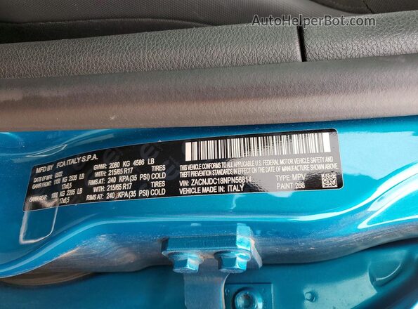 ZACNJDC18NPN56814 2022 JEEP RENEGADE Turquoise Вид наклейки з VIN-кодом