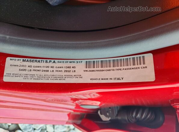 ZAM57RSS0H1248710 2017 MASERATI GHIBLI Red Vista de la etiqueta del VIN