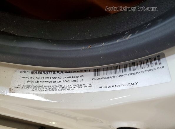 ZAM57XSA0K1319407 2019 MASERATI GHIBLI Белый Вид наклейки с VIN-кодом
