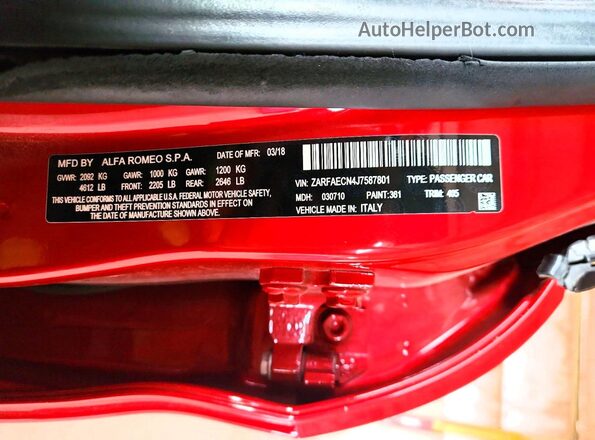 ZARFAECN4J7587801 2018 ALFA ROMEO GIULIA Red VIN კოდის სტიკერის ხედი
