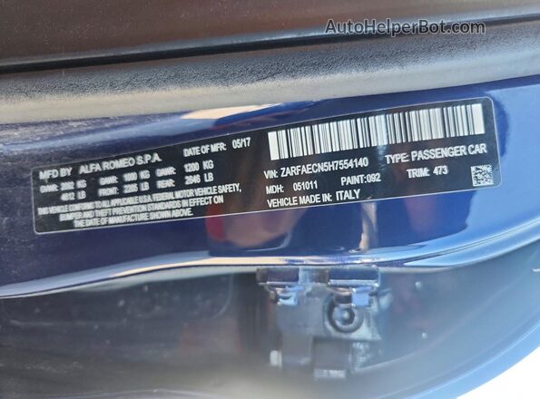 ZARFAECN5H7554140 2017 ALFA ROMEO GIULIA Blue ძრავის განყოფილების ხედი