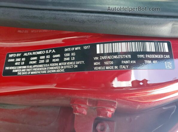 ZARFAECN6J7577478 2018 ALFA ROMEO GIULIA Красный Вид наклейки с VIN-кодом