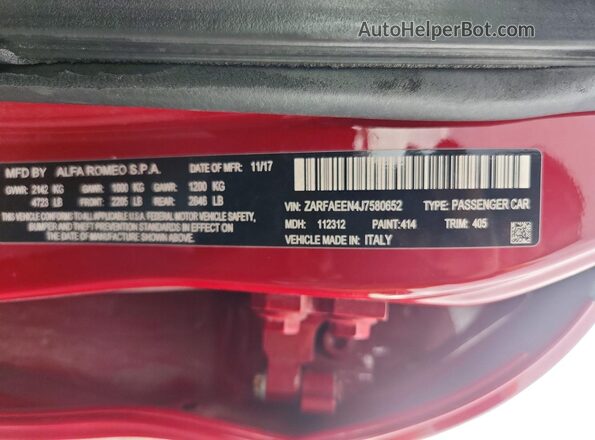 ZARFAEEN4J7580652 2018 ALFA ROMEO GIULIA Red Vista de la etiqueta del VIN